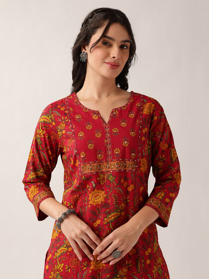 Maroon Floral Straight Cotton Kurta