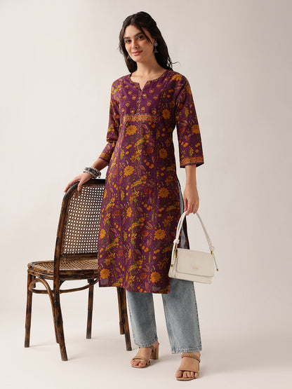 Purple Floral Straight Cotton Kurta