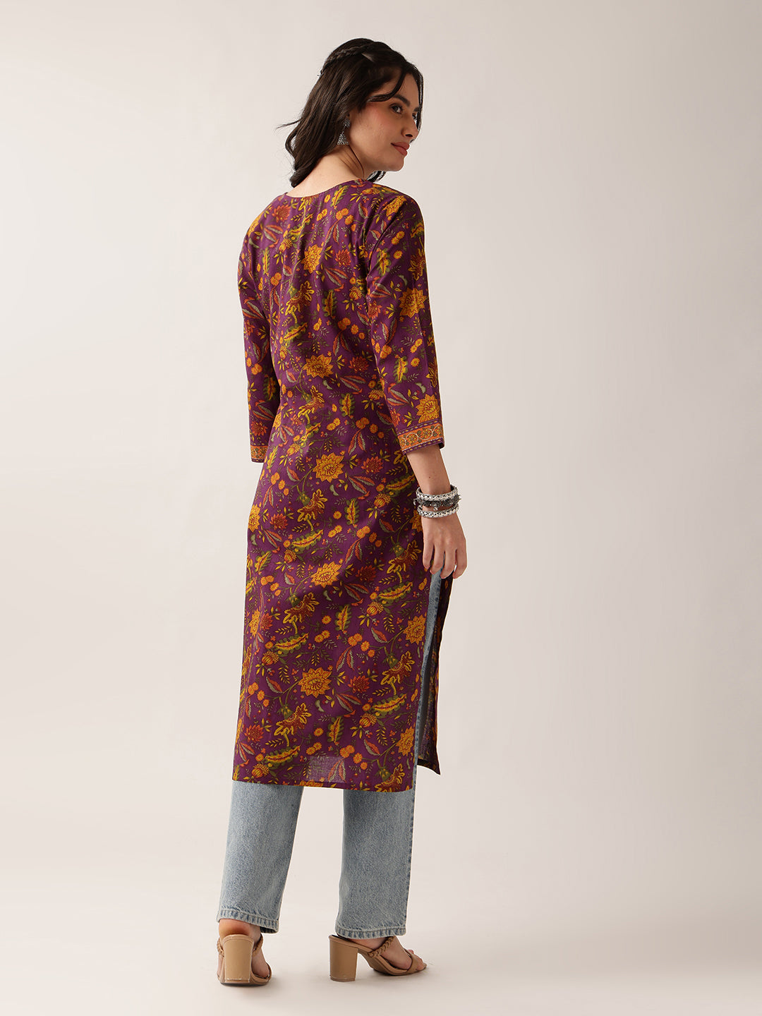Purple Floral Straight Cotton Kurta