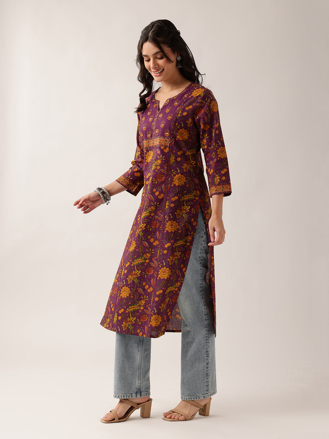 Purple Floral Straight Cotton Kurta