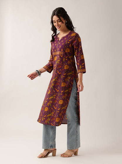 Purple Floral Straight Cotton Kurta
