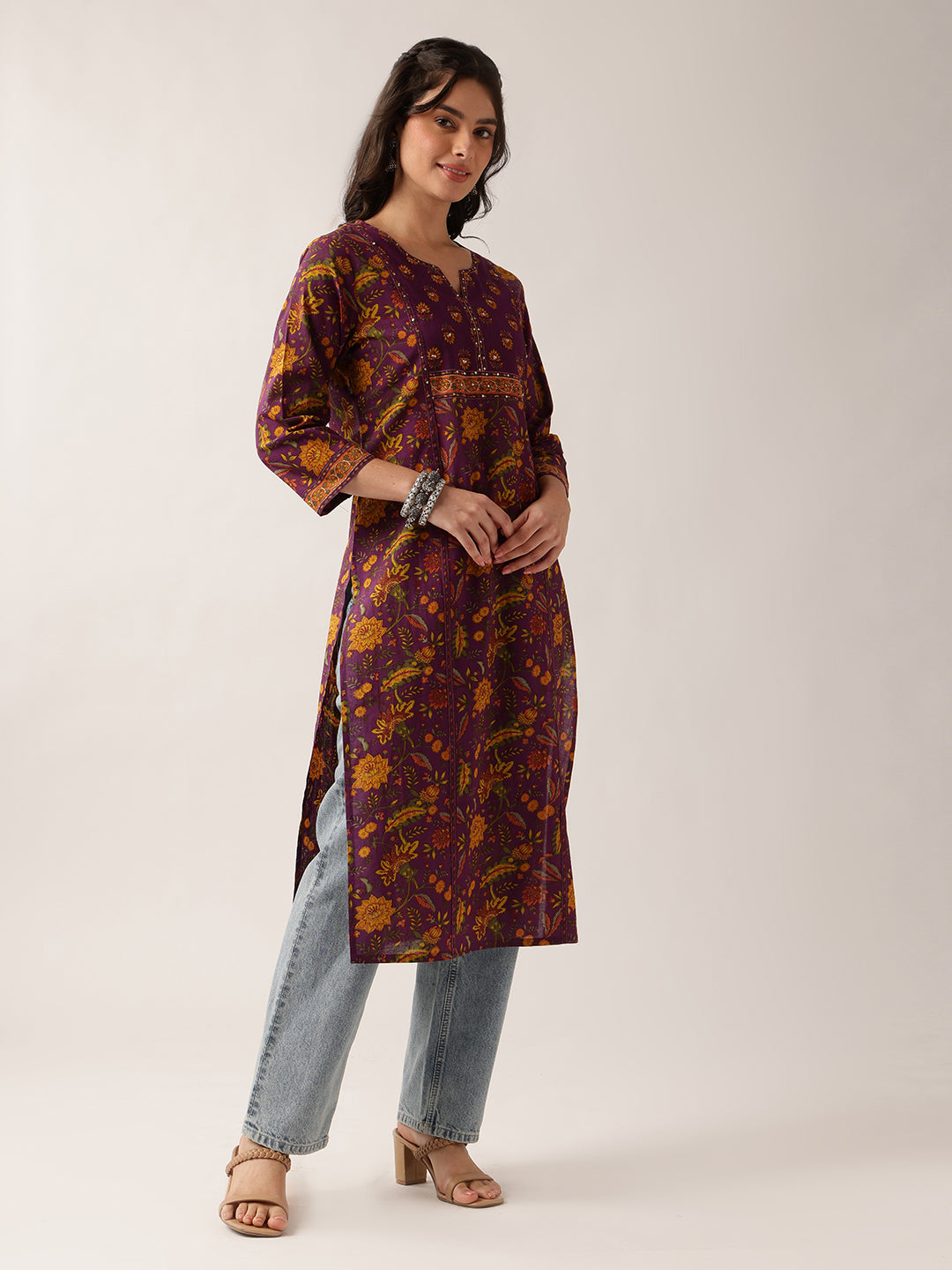 Purple Floral Straight Cotton Kurta