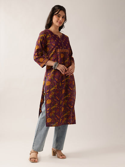 Purple Floral Straight Cotton Kurta