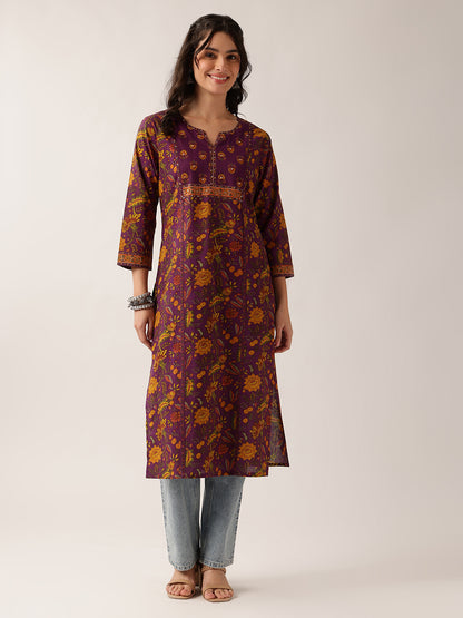 Purple Floral Straight Cotton Kurta