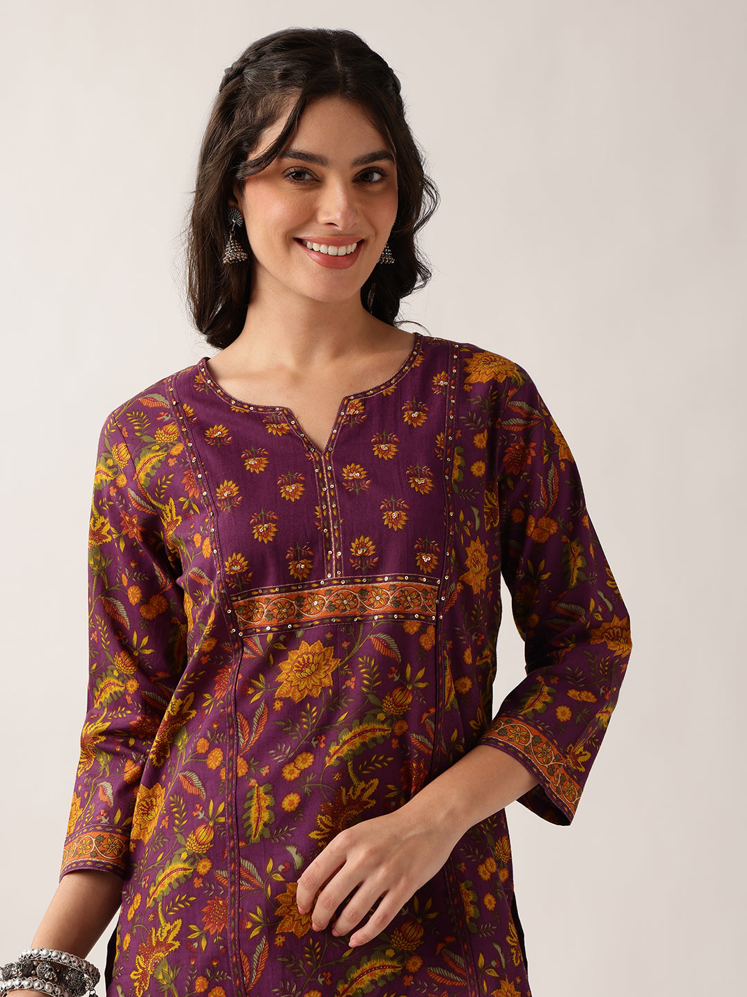 Purple Floral Straight Cotton Kurta