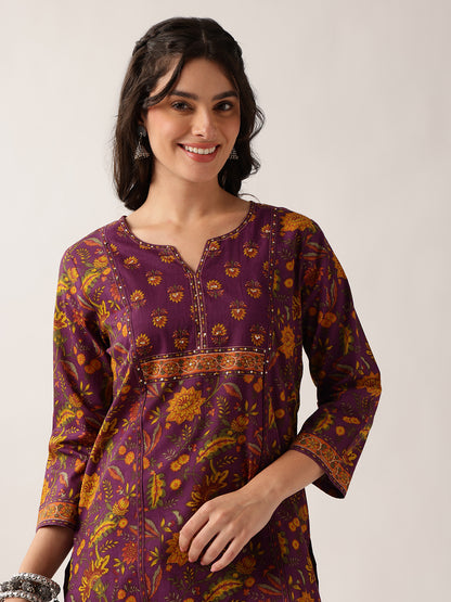 Purple Floral Straight Cotton Kurta