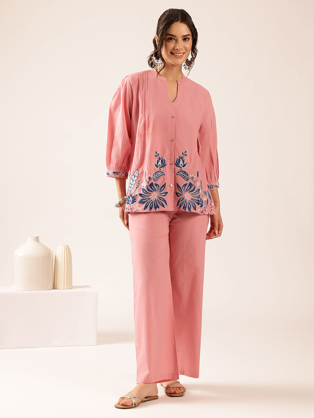 Baby Pink Floral Flared Cotton Stitched Co-Ord Set