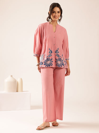 Baby Pink Floral Flared Cotton Stitched Co-Ord Set
