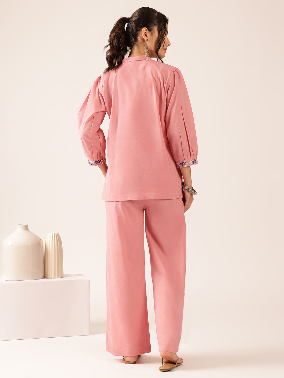 Baby Pink Floral Flared Cotton Stitched Co-Ord Set
