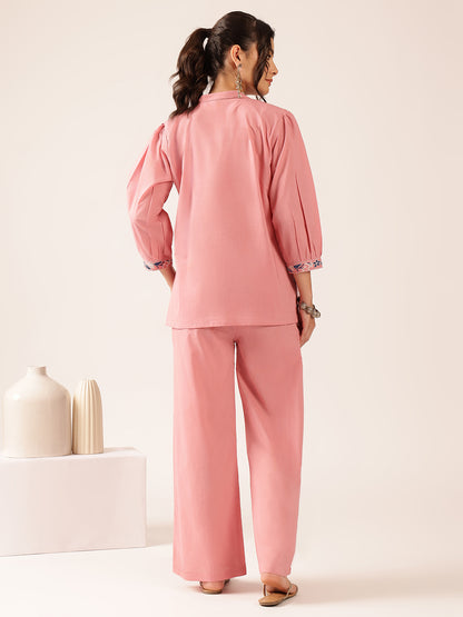 Baby Pink Floral Flared Cotton Stitched Co-Ord Set