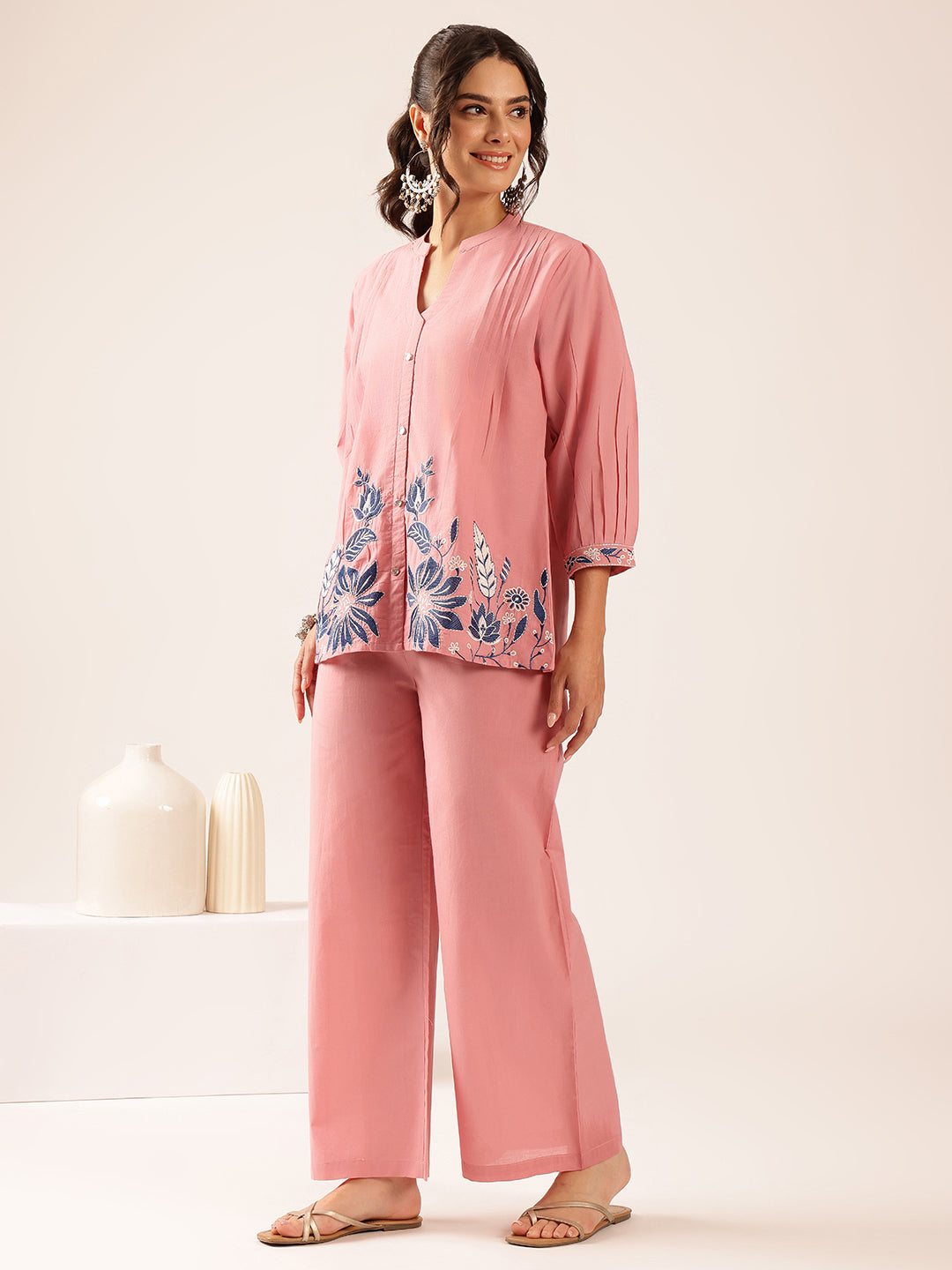Baby Pink Floral Flared Cotton Stitched Co-Ord Set