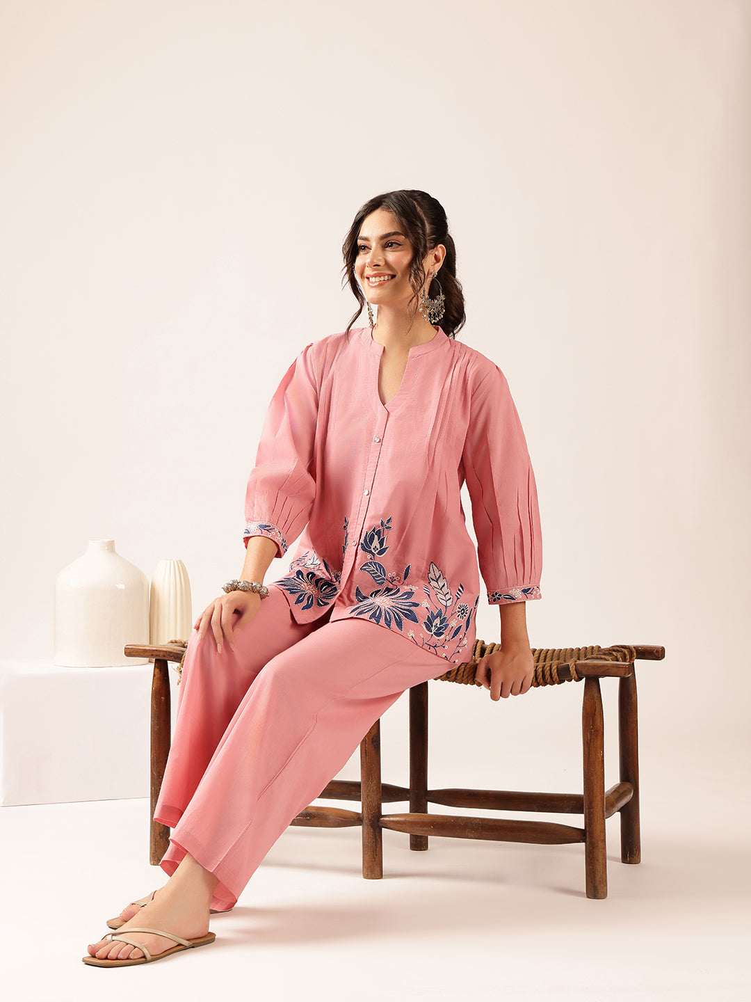 Baby Pink Floral Flared Cotton Stitched Co-Ord Set