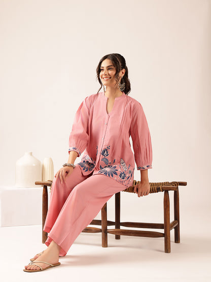 Baby Pink Floral Flared Cotton Stitched Co-Ord Set