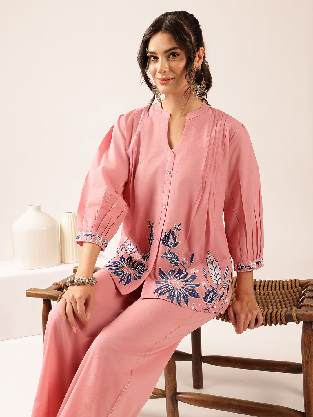 Baby Pink Floral Flared Cotton Stitched Co-Ord Set