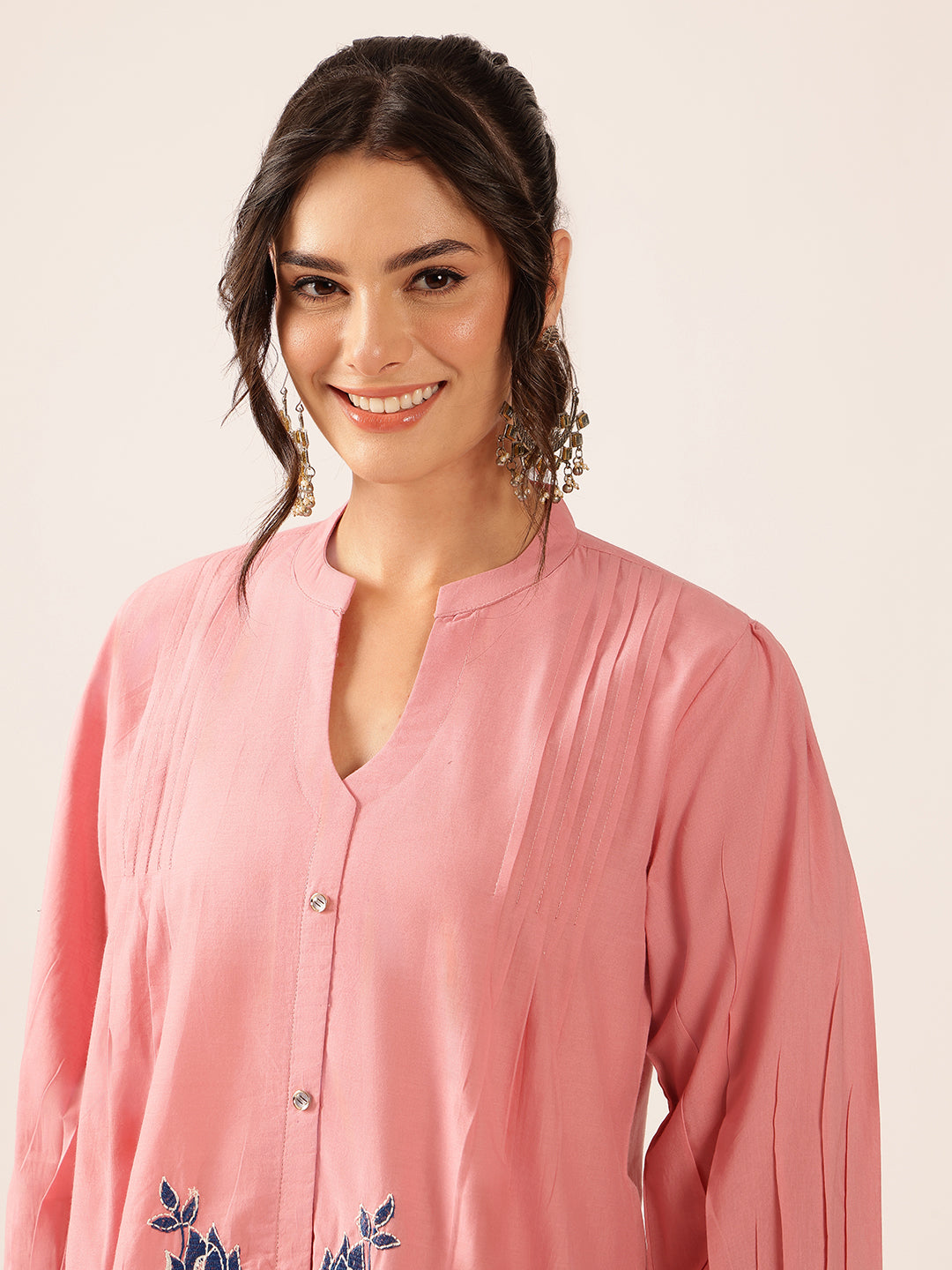 Baby Pink Floral Flared Cotton Stitched Co-Ord Set