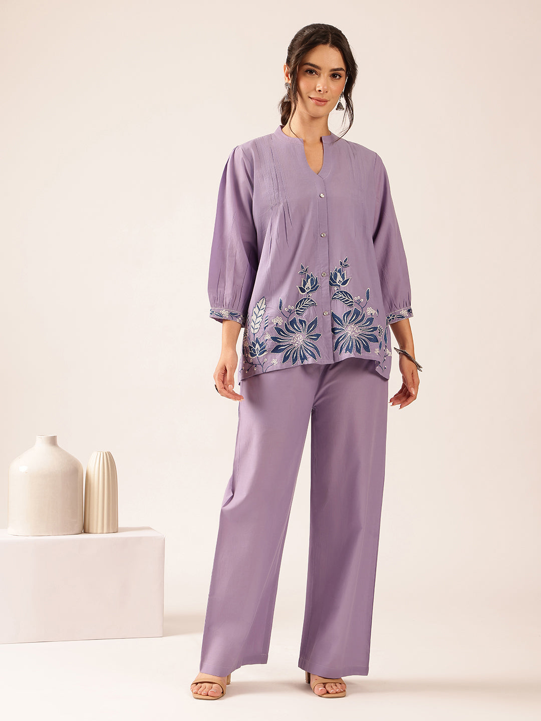Lavender Floral Flared Cotton Stitched Co-Ord Set