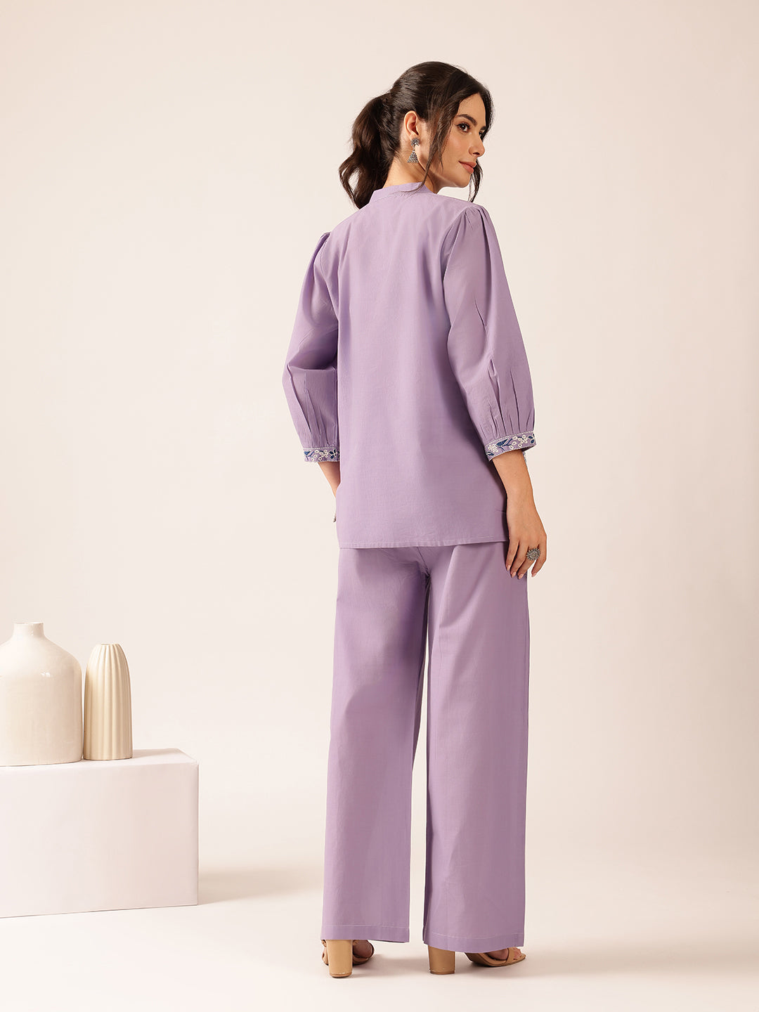 Lavender Floral Flared Cotton Stitched Co-Ord Set