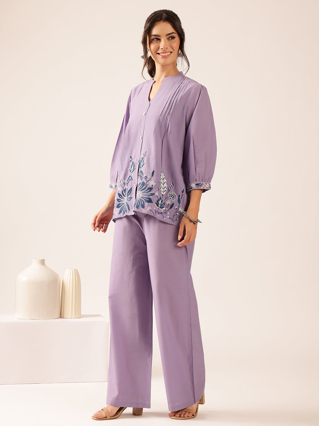 Lavender Floral Flared Cotton Stitched Co-Ord Set