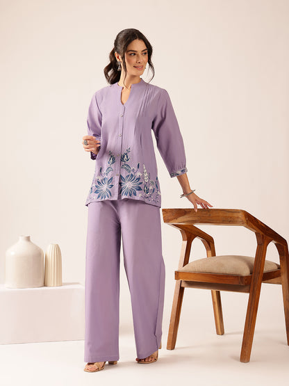 Lavender Floral Flared Cotton Stitched Co-Ord Set