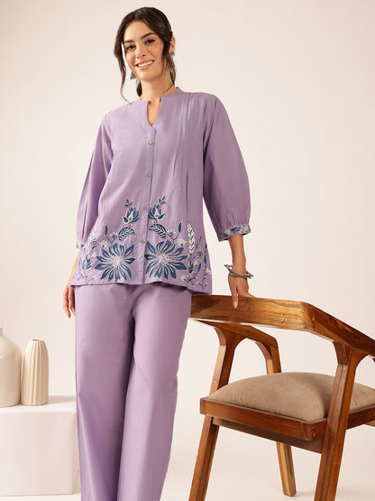 Lavender Floral Flared Cotton Stitched Co-Ord Set