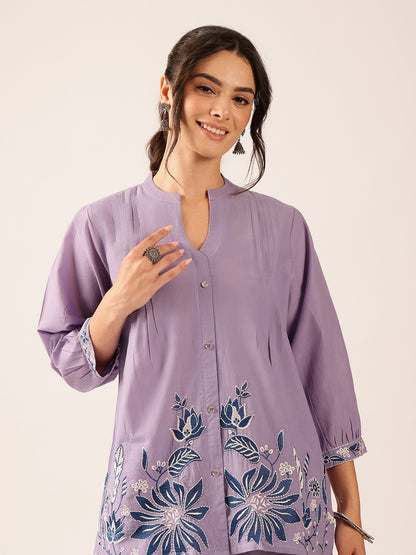 Lavender Floral Flared Cotton Stitched Co-Ord Set