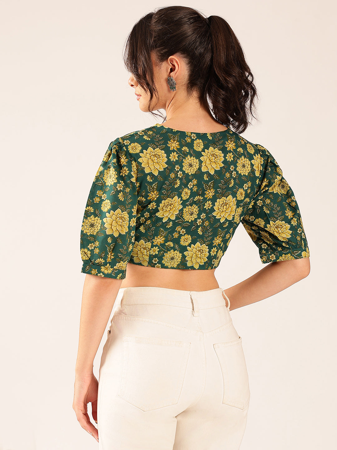 Green Floral Straight Cotton Stitched Top