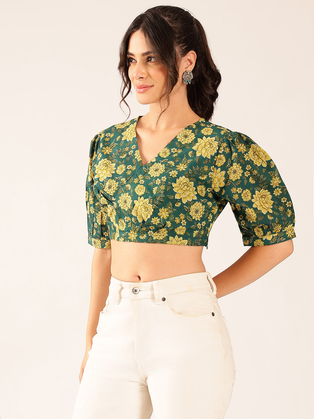Green Floral Straight Cotton Stitched Top