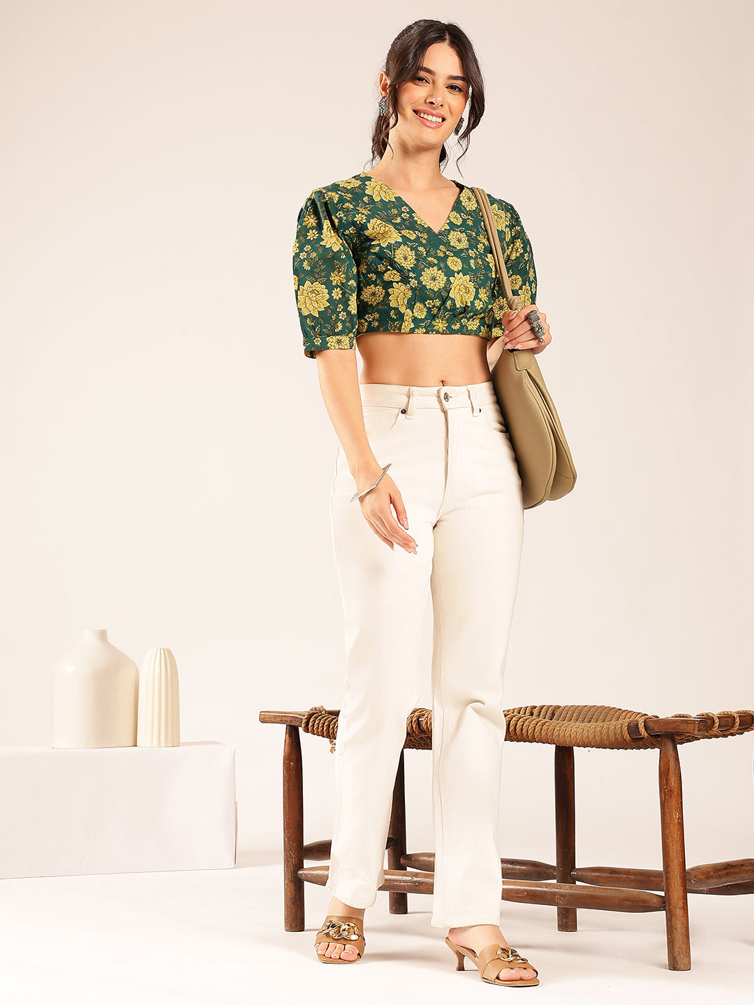 Green Floral Straight Cotton Stitched Top