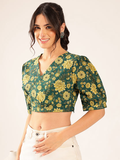 Green Floral Straight Cotton Stitched Top