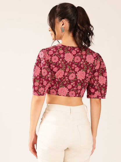 Magenta Floral Straight Cotton Stitched Top