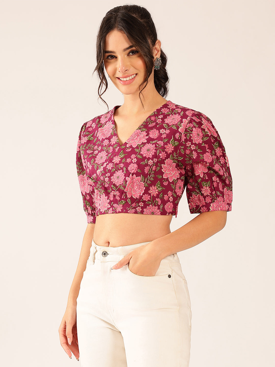 Magenta Floral Straight Cotton Stitched Top