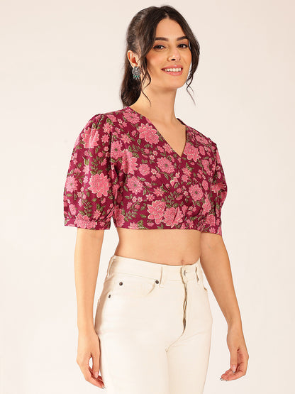 Magenta Floral Straight Cotton Stitched Top