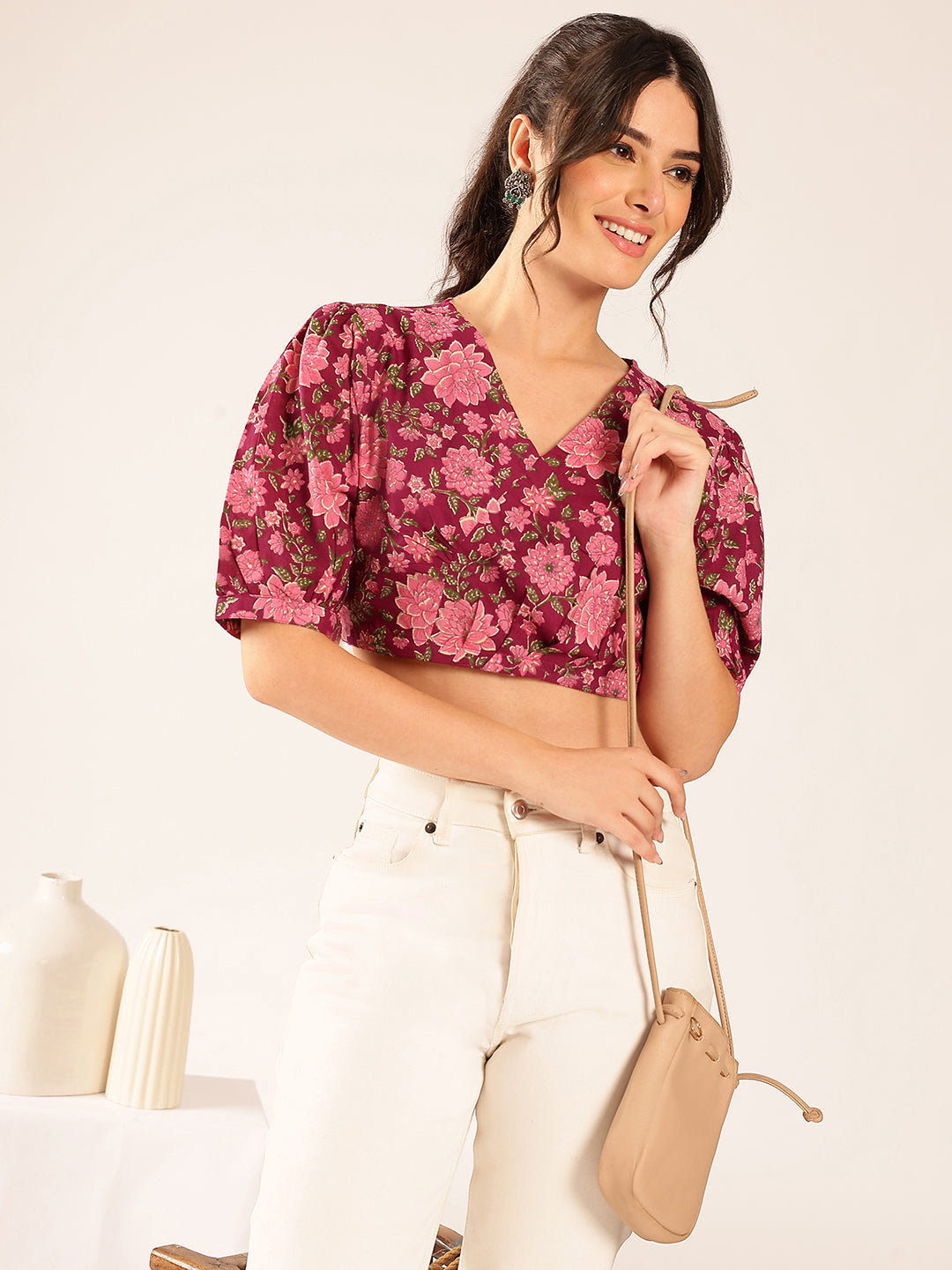 Magenta Floral Straight Cotton Stitched Top