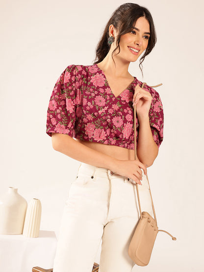 Magenta Floral Straight Cotton Stitched Top