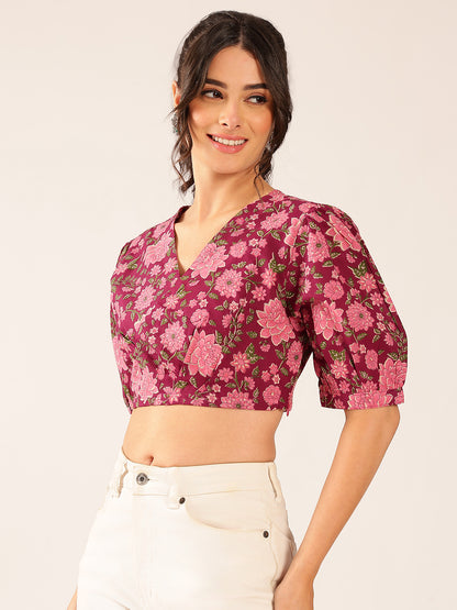 Magenta Floral Straight Cotton Stitched Top
