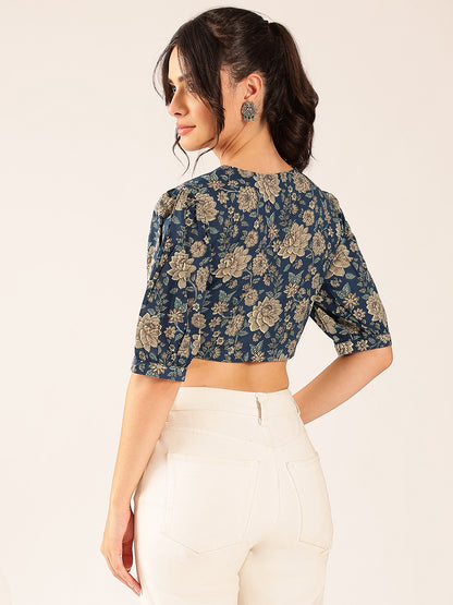 Blue Floral Straight Cotton Stitched Top