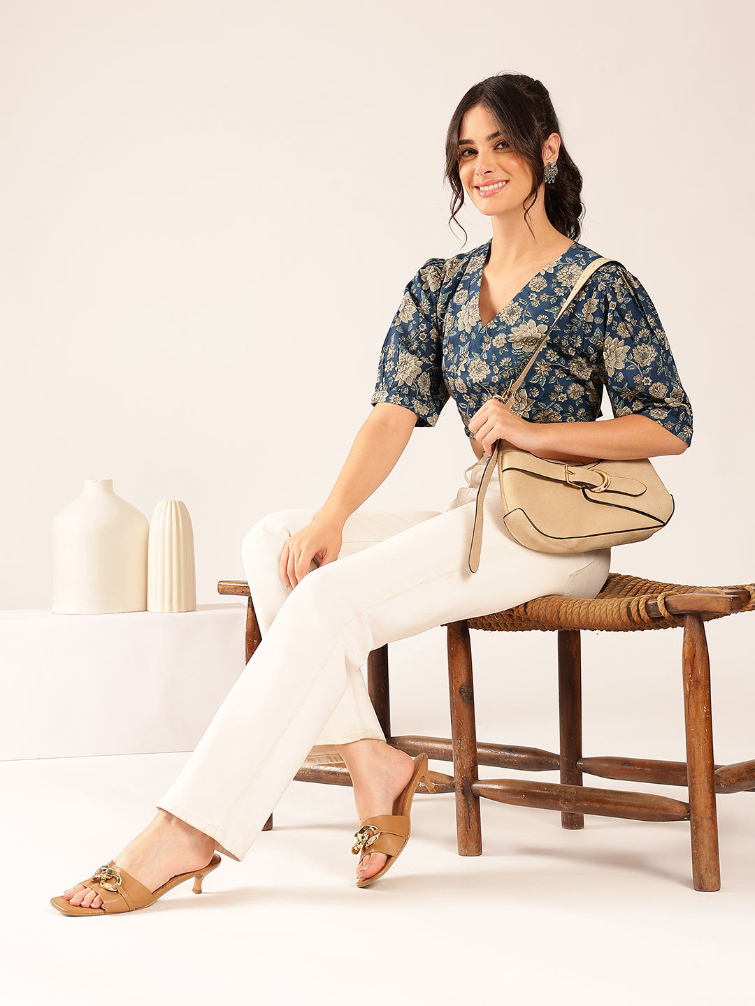 Blue Floral Straight Cotton Stitched Top