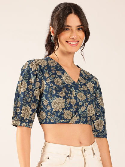 Blue Floral Straight Cotton Stitched Top