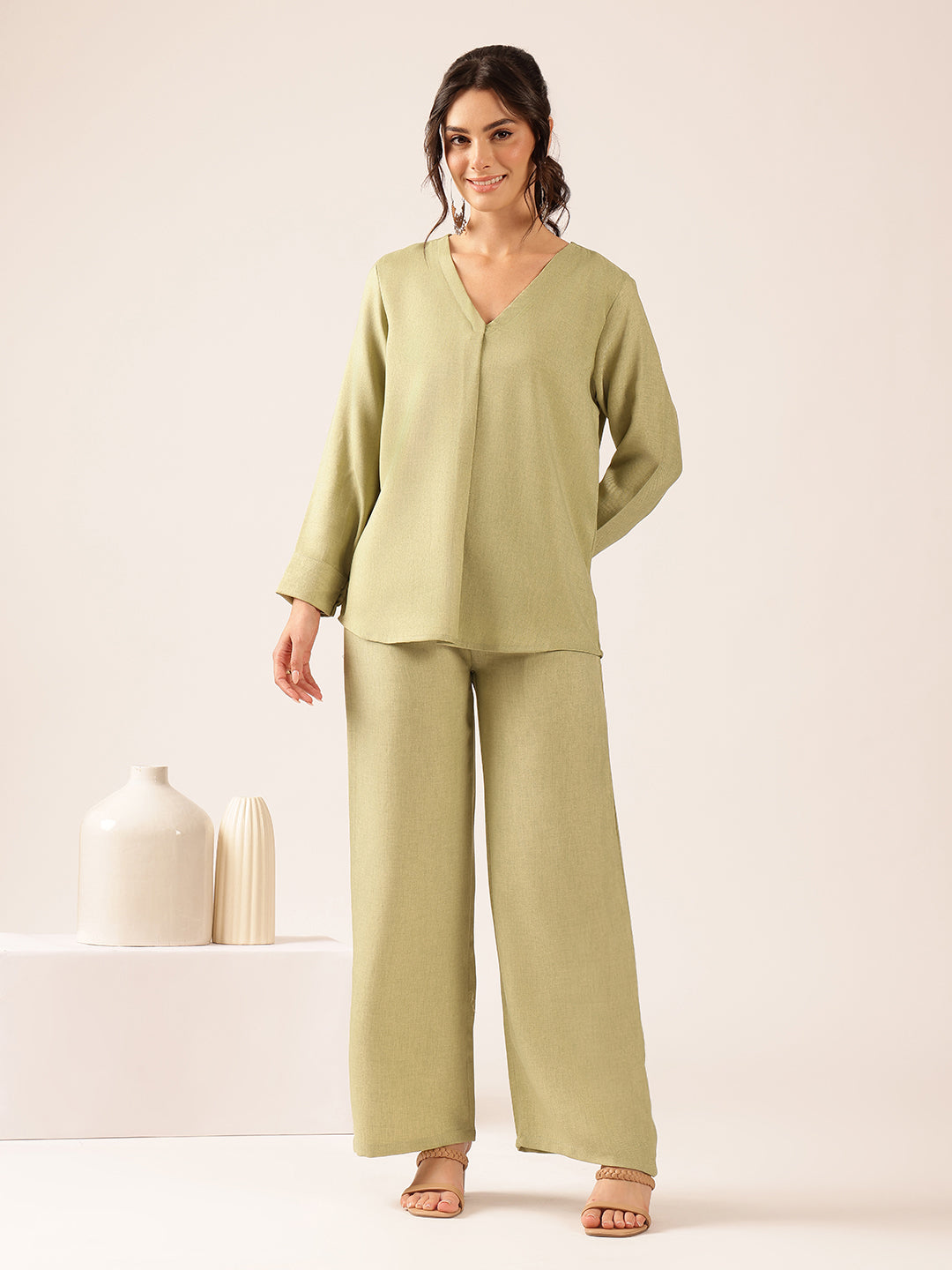 Pista Solid Straight Linen Stitched Co-Ord Set