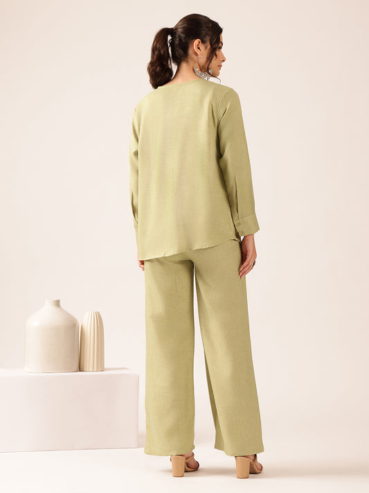 Pista Solid Straight Linen Stitched Co-Ord Set