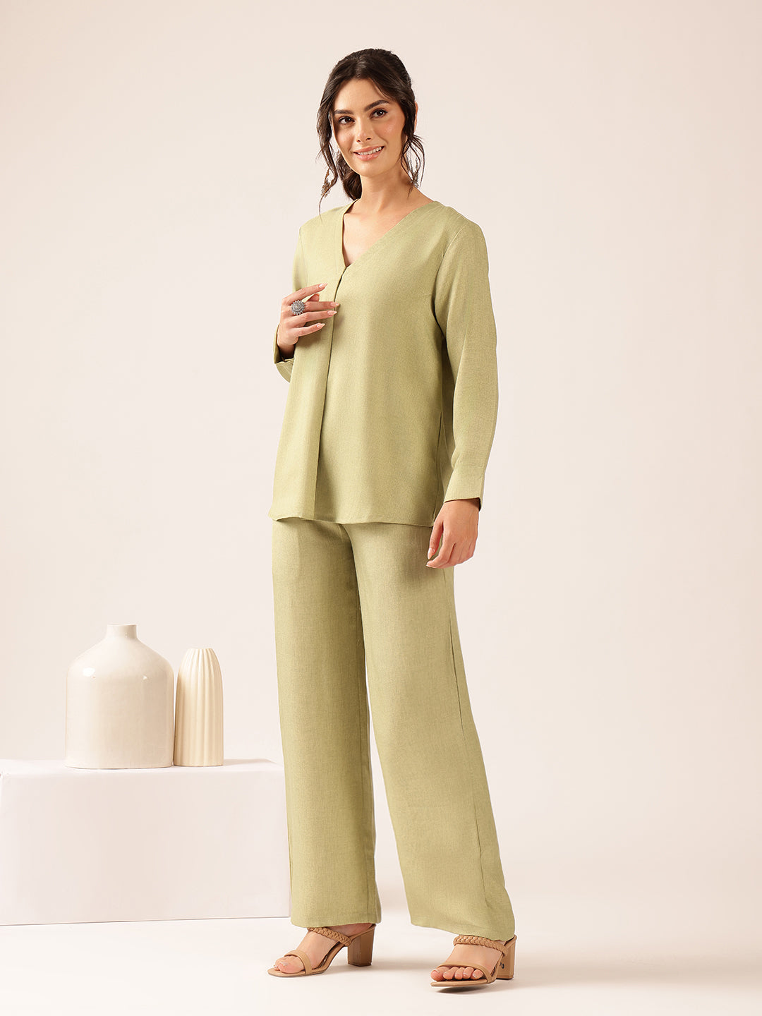 Pista Solid Straight Linen Stitched Co-Ord Set