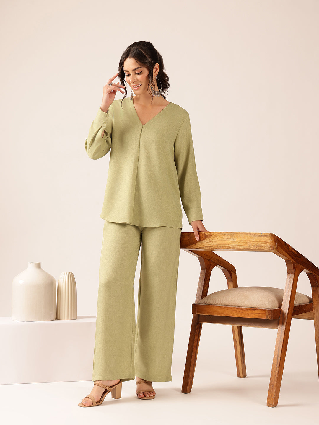 Pista Solid Straight Linen Stitched Co-Ord Set