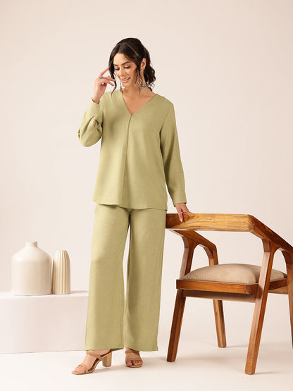 Pista Solid Straight Linen Stitched Co-Ord Set