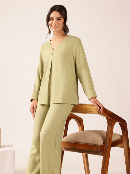 Pista Solid Straight Linen Stitched Co-Ord Set