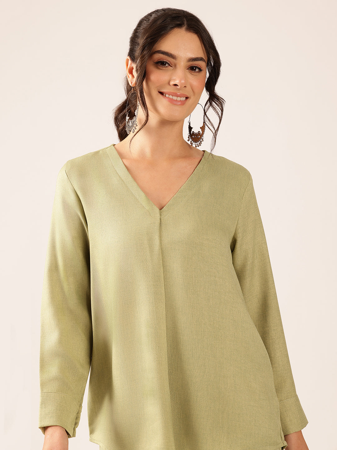 Pista Solid Straight Linen Stitched Co-Ord Set