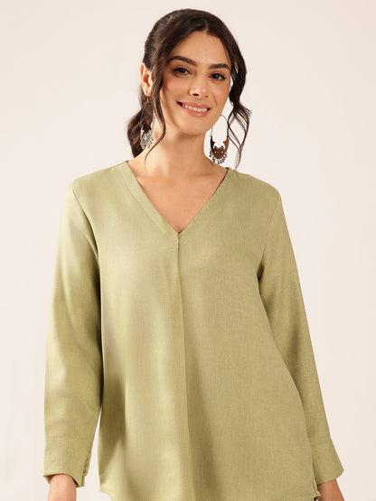 Pista Solid Straight Linen Stitched Co-Ord Set