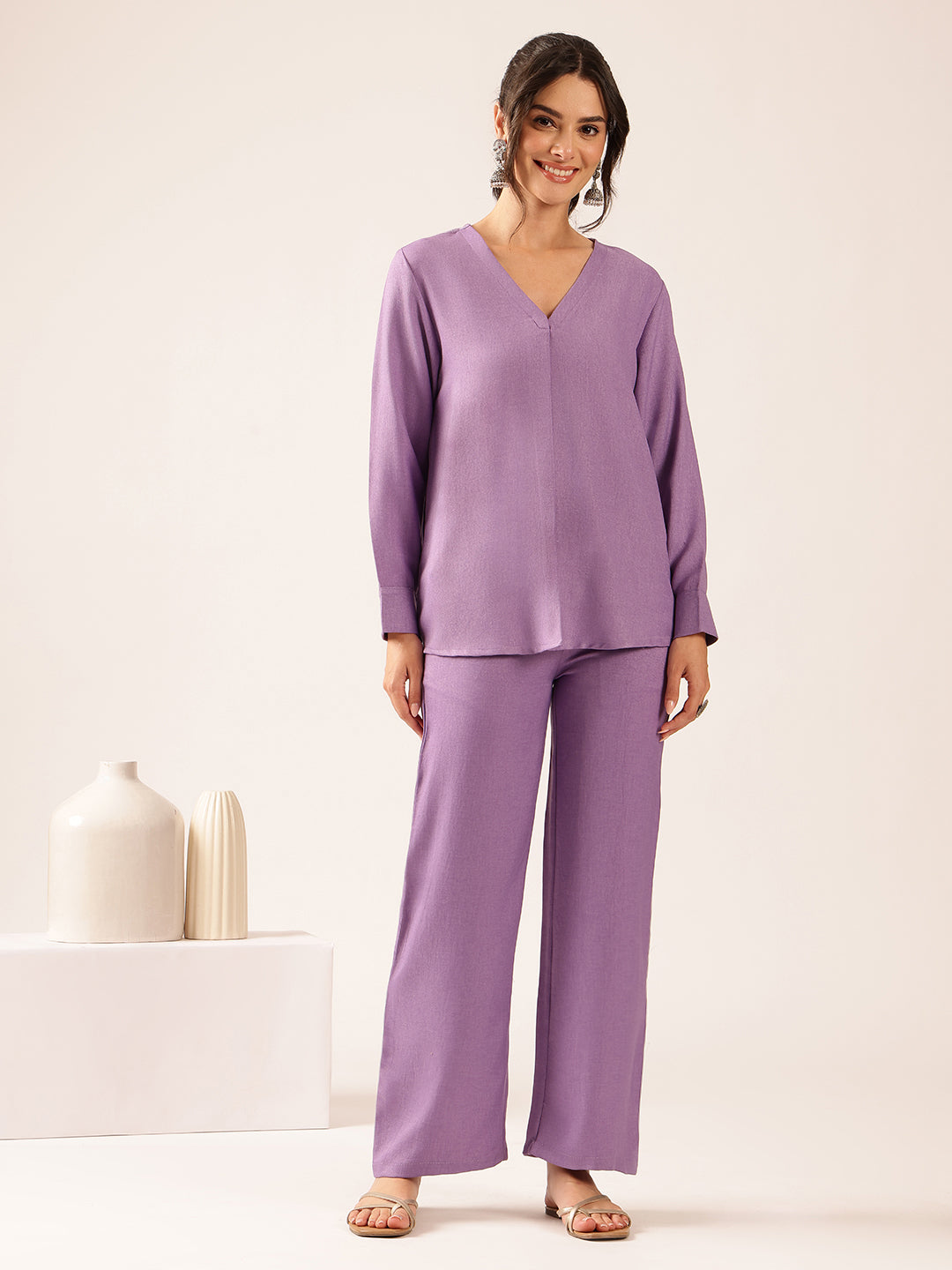 Lavender Solid Straight Linen Stitched Co-Ord Set