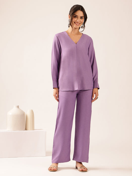 Lavender Solid Straight Linen Stitched Co-Ord Set