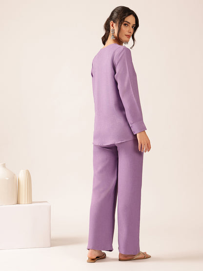 Lavender Solid Straight Linen Stitched Co-Ord Set