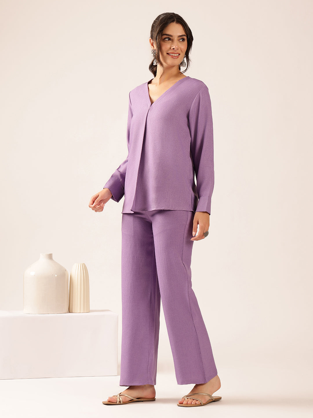 Lavender Solid Straight Linen Stitched Co-Ord Set
